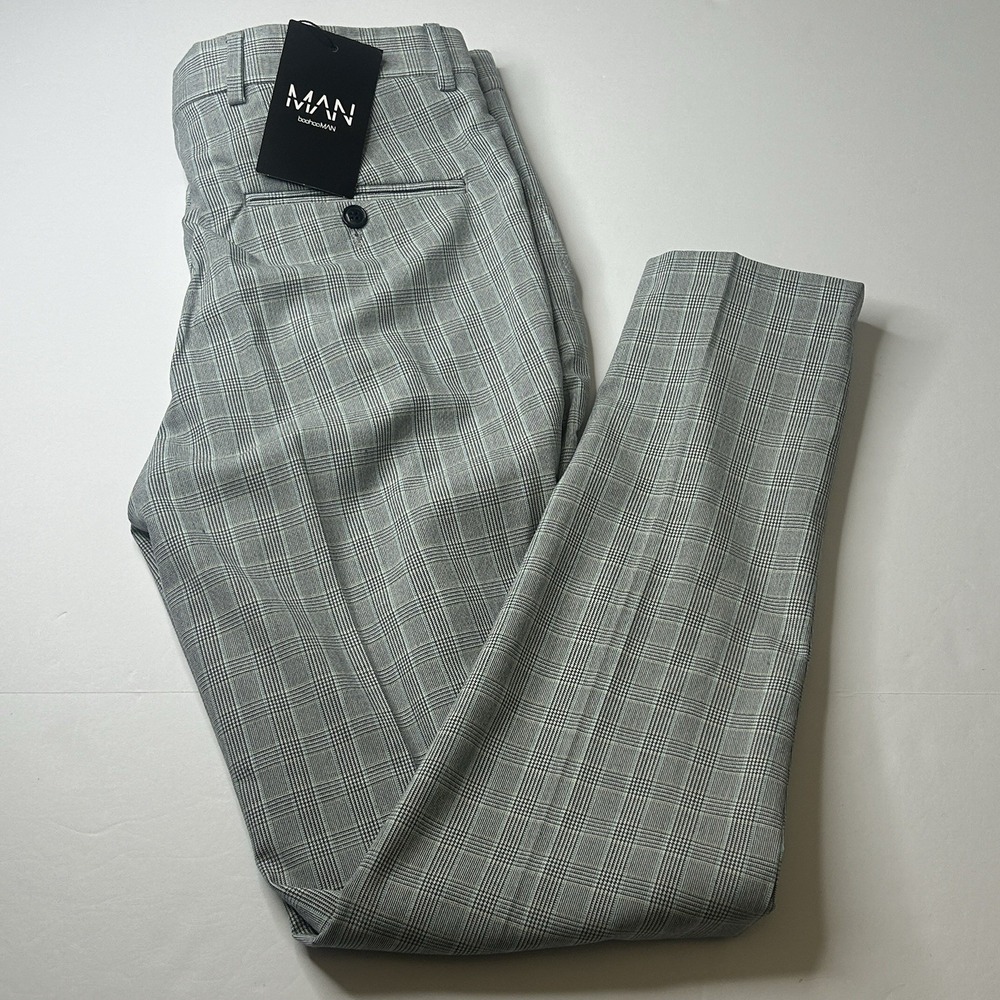 NWT boohooMAN Super Skinny Check Suit Trousers Light Gray Plaid Pants Mens 32R